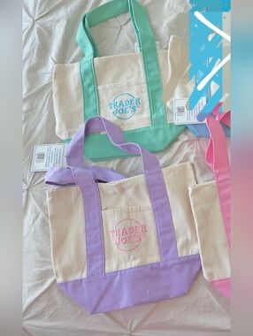 NEW 2 Trader Joe’s Mini Canvas Tote Bag Spring Pastel Colors